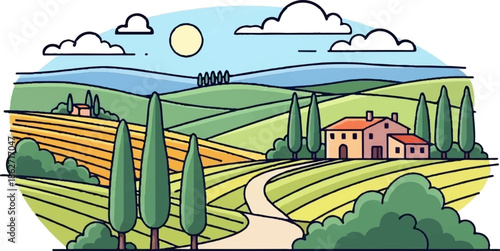Stylized rural landscape with rolling hills, houses, cypress trees, fields, and a winding road under a sunny sky