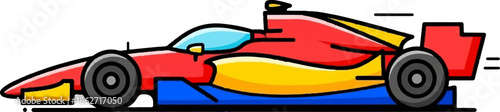 Stylized red, yellow, and blue open-wheel race car illustration in side profile with speed lines