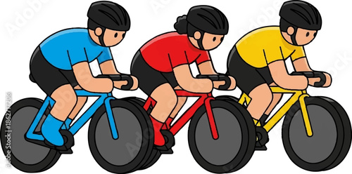 Three cartoon cyclists in colorful jerseys and helmets ride bicycles in a stylized race or training