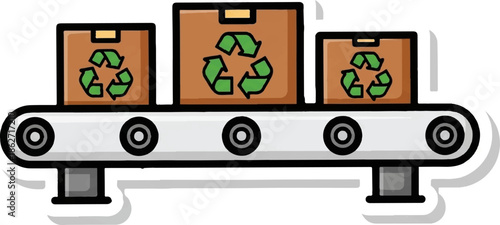 Three brown cardboard recycling boxes with green symbols moving along a gray conveyor belt
