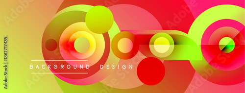 Abstract vibrant circles overlap, creating dynamic colorful background. Yellow, red, green hues blend seamlessly. Modern design element.