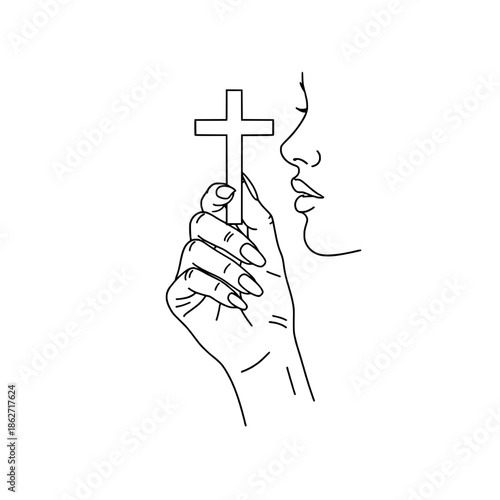Icon of a beautiful woman's hand holding a Catholic cross near her face representing faith and spirituality