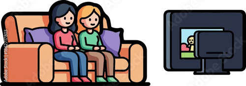 Two animated women sit on a sofa, watching TV. The TV screen depicts a person also on a couch