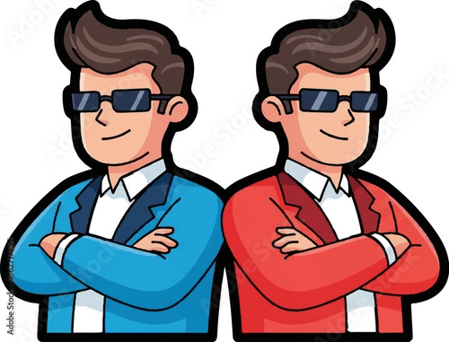 Two cartoon men in sunglasses and suits, one blue, one red, smiling with arms crossed, back to back