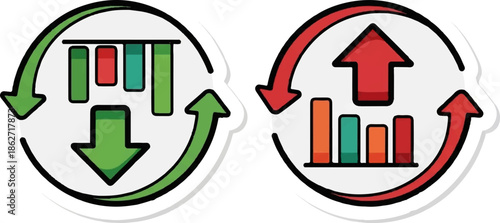 Two circular icons illustrate opposite data trends one downward with green arrows, one upward with red arrows