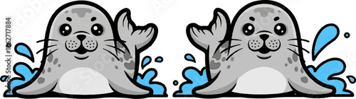 Two cute cartoon seals with gray fur and spots splashing in blue water, looking happy and waving