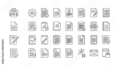 Collection of various line art file icons, illustrating document actions and elements with checkmarks, padlocks, and pencils