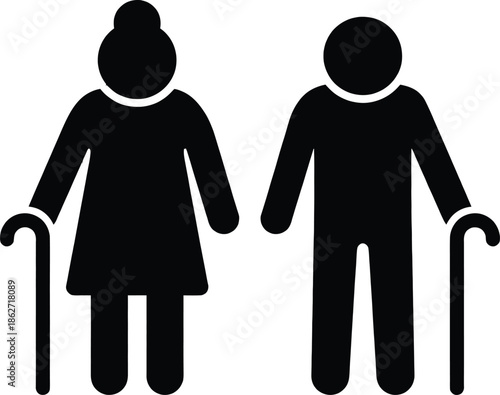 Elderly People Group Icon Set, Black Silhouette Pictogram