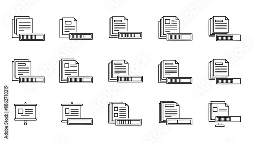 Collection of linear icons depicting document loading and presentation symbols, showing a consistent minimalist style