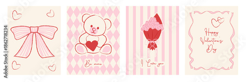 A collection of hand drawn Valentine's Day greeting cards featuring a bow, frames, a bouquet of flowers, and a cute teddy bear with a heart. Vector illustration.2