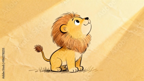 Cartoon illustration of a young lion sitting on a textured background with a spotlight effect