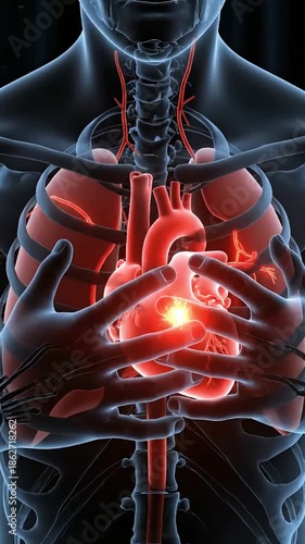 HEART ATTACK SYMPTOMS of a translucent human figure holding their chest, revealing the internal grey heart and lungs within the skeletal structure.