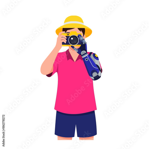 Person with a prosthetic arm taking a photo with a camera, illustrating accessibility and hobbies