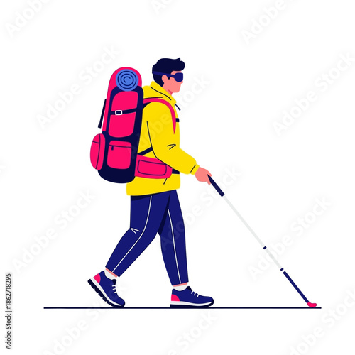 Dynamic illustration of a confident adventurer hiking with a backpack and trekking pole, embracing outdoor exploration