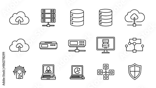 Collection of stylized monochrome icons, depicting data storage, processing, cloud services, and protection. Featuring various computer and network symbols
