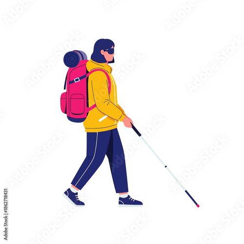 Vibrant Flat Vector Illustration of a Modern Adventurous Person Hiking on an Outdoor Journey with Backpack and Trekking Pole for Active Lifestyle Exploration