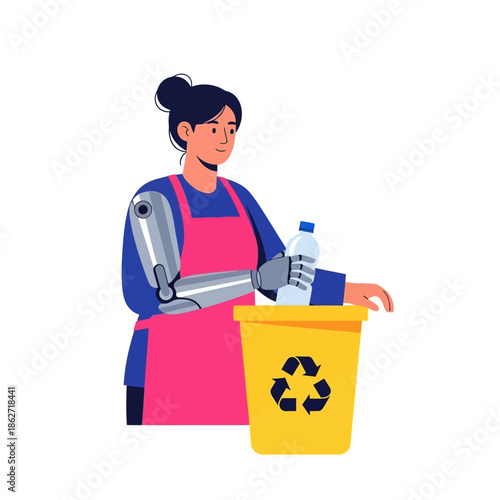 Illustration of a woman with a prosthetic arm recycling a plastic bottle into a bin