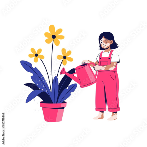 Young girl with vitiligo watering a potted plant with yellow flowers in a pink overalls
