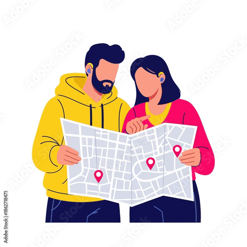 Curious couple with earbuds meticulously planning their next urban adventure using a detailed map