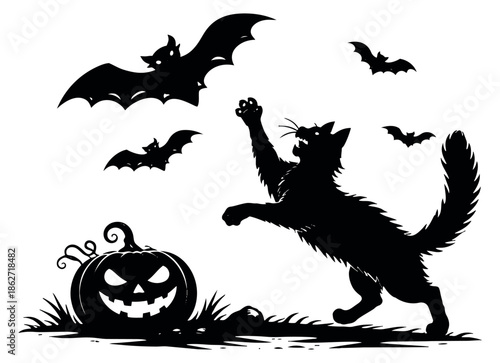 Silhouette Halloween elements set featuring a black cat, flying bats, and a spooky jack-o'-lantern for spooky season designs