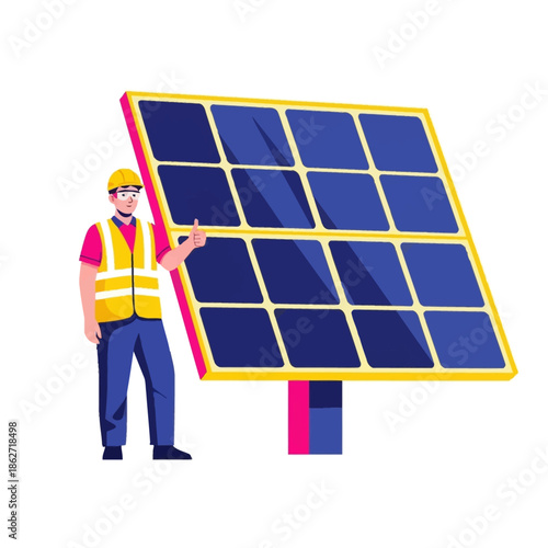 Skilled engineer proudly presents an innovative solar panel system, highlighting sustainable renewable energy technology for a cleaner future