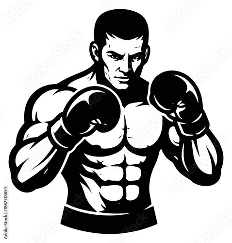 Strong graphic illustration of a male boxer depicting an aggressive fighting stance for sports branding