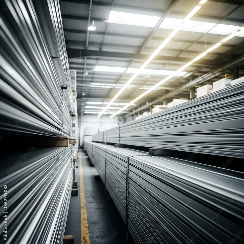 Obraz premium Corrugated Metal Sheets Stacked in Warehouse – Shiny Silver Roofing and Construction Material Ready for Sale