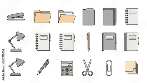 Office Supplies and Stationery Icons Set.