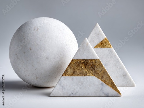 Geometric marble sphere and triangles with golden texture against neutral backdrop