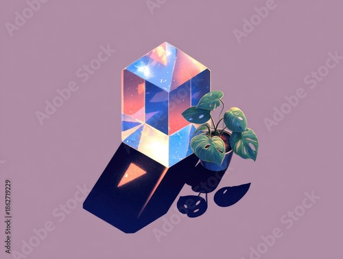 Geometric prism and potted plant on purple background digital illustration