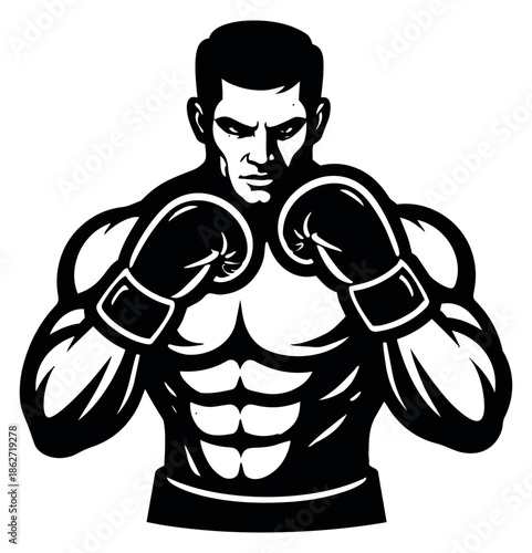 Stylized graphic illustration of a male boxer depicting a fighting stance for sports and fitness branding