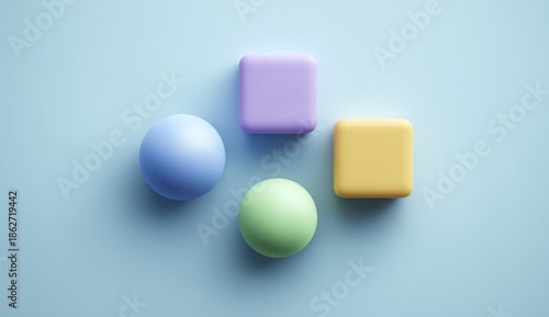 Geometric shapes composition sphere cube and color blocks on blue surface