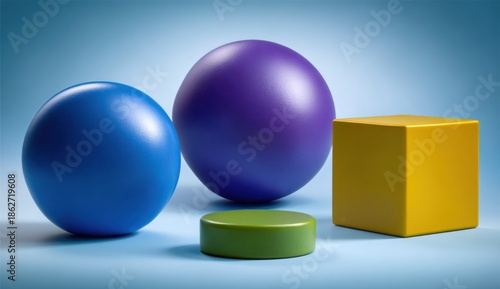 Geometric shapes in vivid colors sphere cube and cylinder composition