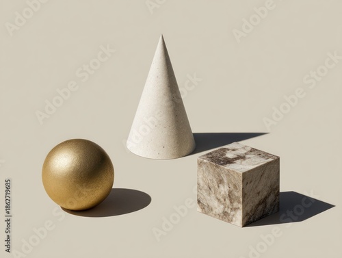 Geometric shapes on neutral background casting shadows conceptual design
