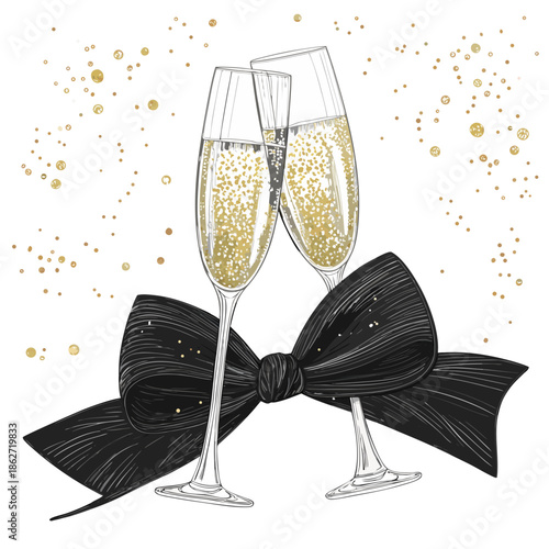 Black and gold champagne illustration with a coquette ribbon on transparent Background. Watercolor painting of two champagne flutes with a black bow. Elegant New Year's or anniversary toast graphic.