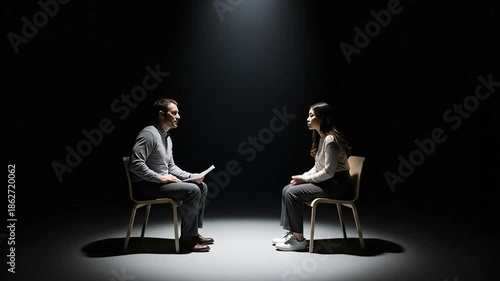 Two people sitting in chairs facing each other in a dark room with a spotlight.