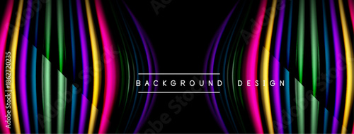 Abstract vibrant lines form curved shapes. Black background emphasizes colorful light effects, creating modern design element.