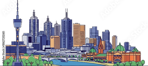 Vibrant cartoon city skyline with skyscrapers, historical buildings, a river, bridge, and green trees