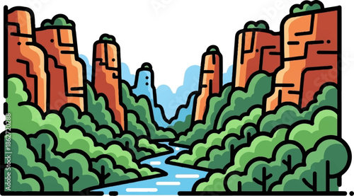 Vibrant cartoon illustration of a serene river flowing through a deep canyon with lush greenery and towering cliffs