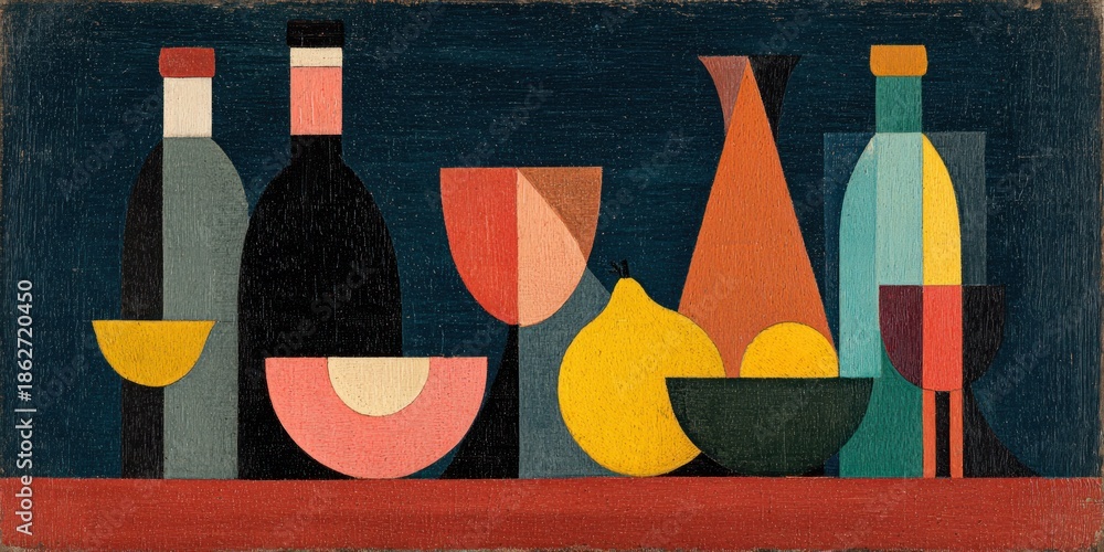 custom made wallpaper toronto digitalGeometric still life composition with bottles glasses and fruit on red table