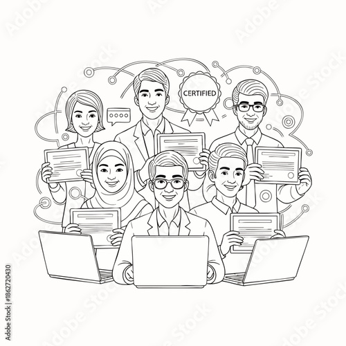 Diverse group of professionals celebrating online certification and skill development with laptops, showcasing successful e-learning and career advancement.