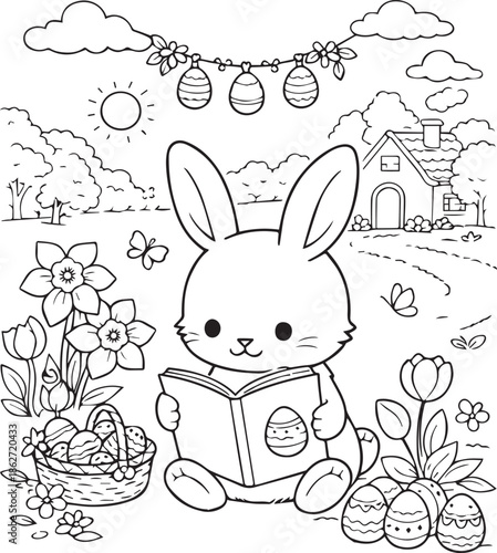 Black and white Easter coloring page with a cute bunny sitting under a bush and reading a book about Easter. Perfect for kids coloring books, spring activities, Easter crafts and printable designs.