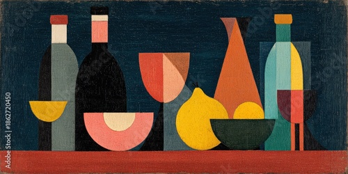 Wallpaper Mural Geometric still life composition with bottles glasses and fruit on red table Torontodigital.ca