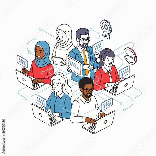 Diverse multicultural team collaborating remotely on laptops, connected in a global network. Isometric illustration of online teamwork, communication, and digital business.