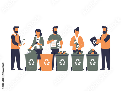 Diverse people sorting plastic paper and general waste into green and orange recycling bins flat vector illustration.