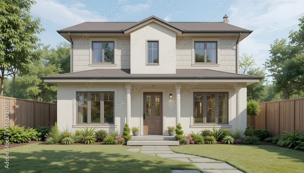 Fototapeta premium Front View Of A Two-Story Beige House With Green Lawn (186
