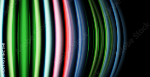 Abstract colorful lines form curved pattern. Bright hues contrast against dark background, creating dynamic visual effect.