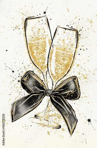 Black and gold champagne illustration with a coquette ribbon on grey Background. Watercolor painting of two champagne flutes with a black bow. Elegant New Year's or anniversary toast graphic.