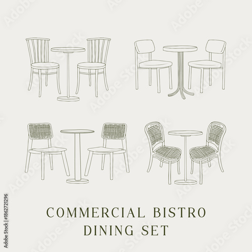 isolated commercial bistro dining set furniture set in minimal flat line art style element collection. Classic cafe and restaurant chairs and round table illustration with clean hand-drawn outlines