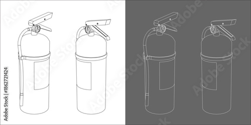 Isometric Fire Extinguisher Technical Drawing with Hose and Handle Wireframe